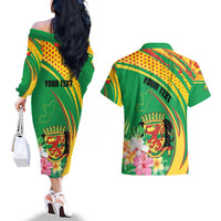 Personalized Congo Republic Day Couples Matching Off The Shoulder Long Sleeve Dress and Hawaiian Shirt Coat Of Arms With Tropical Flower - Wonder Print Shop