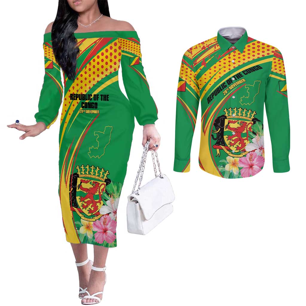 Personalized Congo Republic Day Couples Matching Off The Shoulder Long Sleeve Dress and Long Sleeve Button Shirt Coat Of Arms With Tropical Flower - Wonder Print Shop