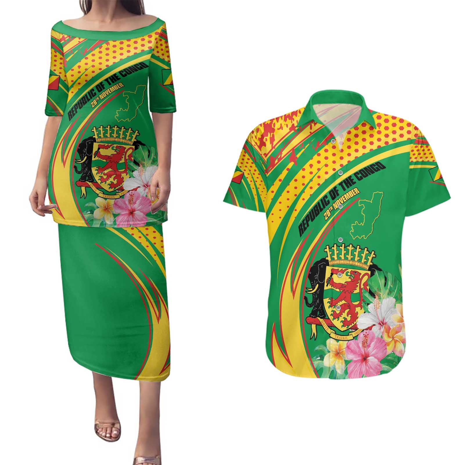 Personalized Congo Republic Day Couples Matching Puletasi and Hawaiian Shirt Coat Of Arms With Tropical Flower - Wonder Print Shop