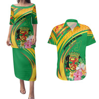 Personalized Congo Republic Day Couples Matching Puletasi and Hawaiian Shirt Coat Of Arms With Tropical Flower - Wonder Print Shop