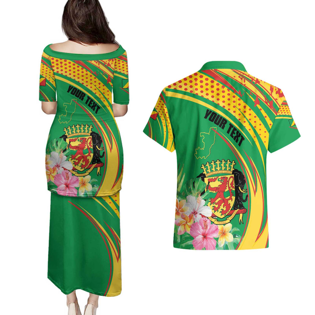 Personalized Congo Republic Day Couples Matching Puletasi and Hawaiian Shirt Coat Of Arms With Tropical Flower - Wonder Print Shop