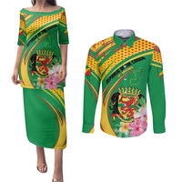 Personalized Congo Republic Day Couples Matching Puletasi and Long Sleeve Button Shirt Coat Of Arms With Tropical Flower - Wonder Print Shop