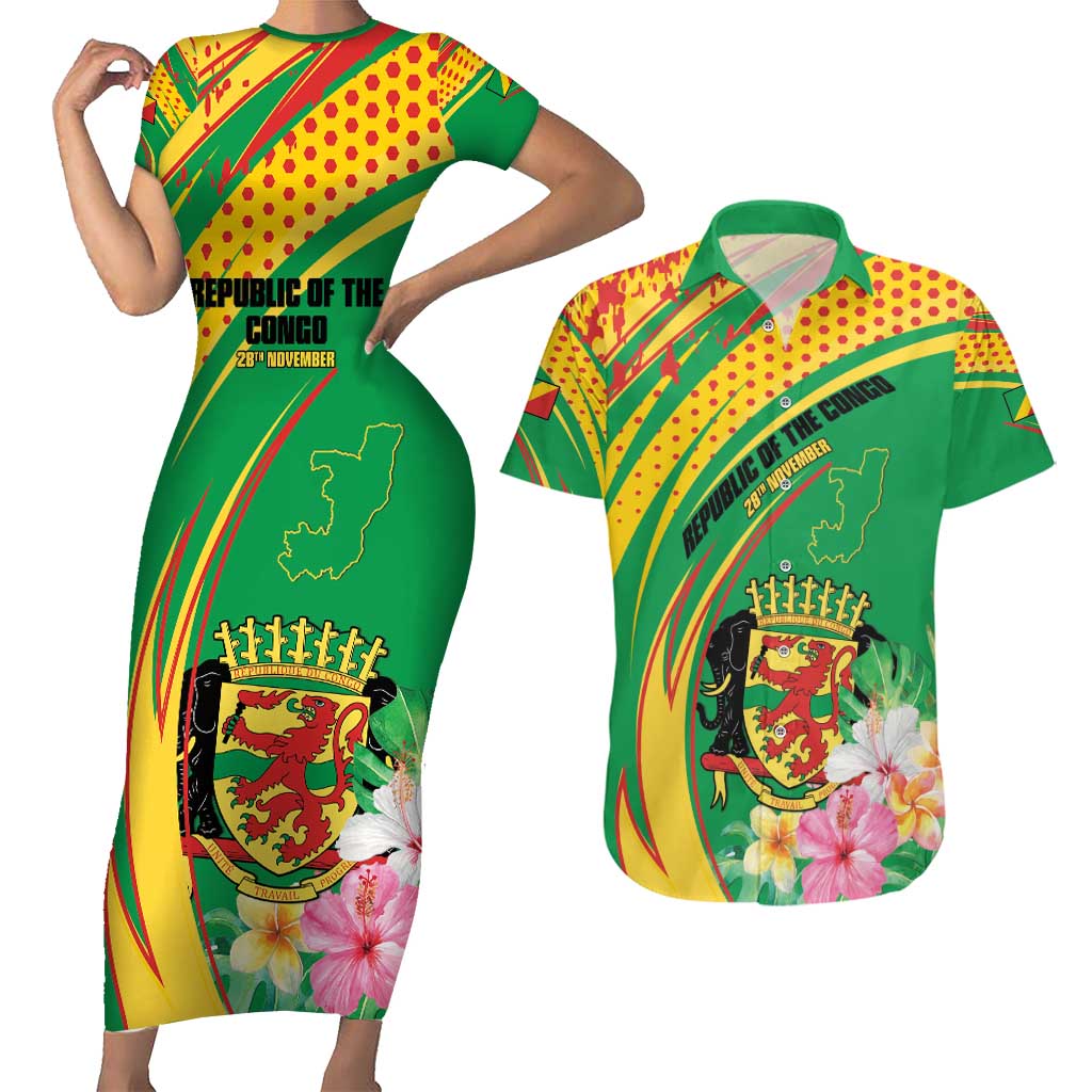 Personalized Congo Republic Day Couples Matching Short Sleeve Bodycon Dress and Hawaiian Shirt Coat Of Arms With Tropical Flower - Wonder Print Shop