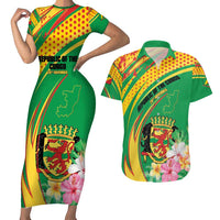 Personalized Congo Republic Day Couples Matching Short Sleeve Bodycon Dress and Hawaiian Shirt Coat Of Arms With Tropical Flower - Wonder Print Shop