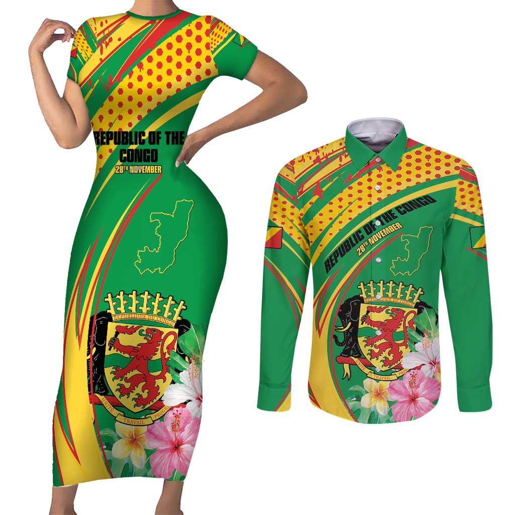 Personalized Congo Republic Day Couples Matching Short Sleeve Bodycon Dress and Long Sleeve Button Shirt Coat Of Arms With Tropical Flower - Wonder Print Shop