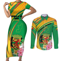 Personalized Congo Republic Day Couples Matching Short Sleeve Bodycon Dress and Long Sleeve Button Shirt Coat Of Arms With Tropical Flower - Wonder Print Shop