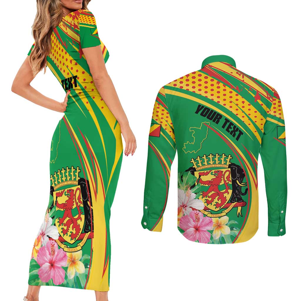 Personalized Congo Republic Day Couples Matching Short Sleeve Bodycon Dress and Long Sleeve Button Shirt Coat Of Arms With Tropical Flower - Wonder Print Shop