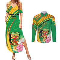 Personalized Congo Republic Day Couples Matching Summer Maxi Dress and Long Sleeve Button Shirt Coat Of Arms With Tropical Flower - Wonder Print Shop