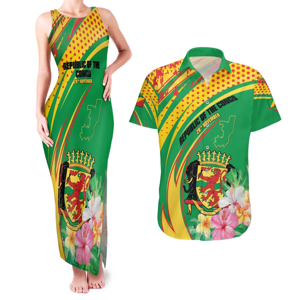 Personalized Congo Republic Day Couples Matching Tank Maxi Dress and Hawaiian Shirt Coat Of Arms With Tropical Flower - Wonder Print Shop
