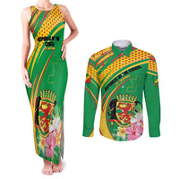 Personalized Congo Republic Day Couples Matching Tank Maxi Dress and Long Sleeve Button Shirt Coat Of Arms With Tropical Flower - Wonder Print Shop