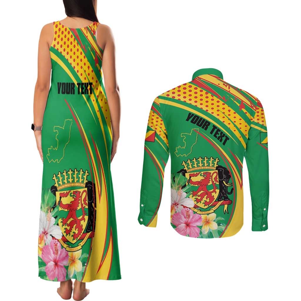 Personalized Congo Republic Day Couples Matching Tank Maxi Dress and Long Sleeve Button Shirt Coat Of Arms With Tropical Flower - Wonder Print Shop