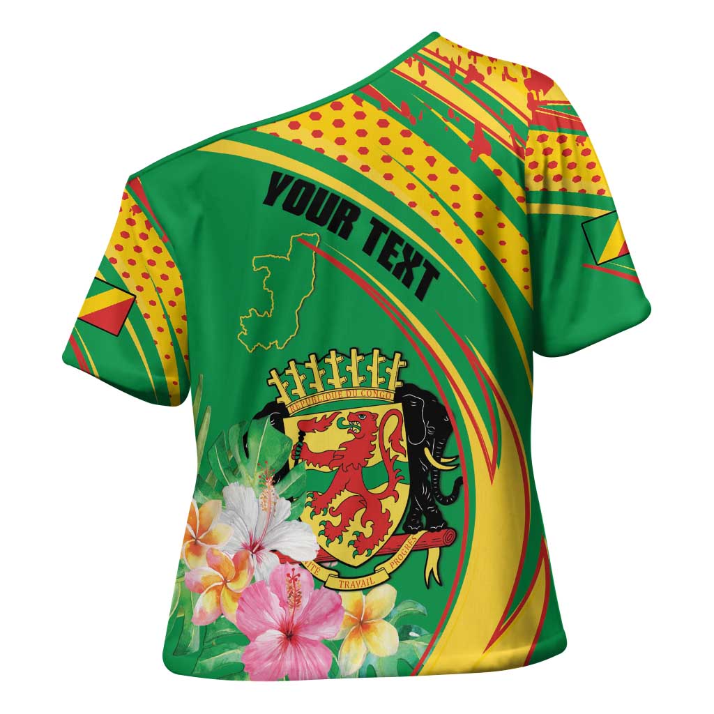 Personalized Congo Republic Day Cross Shoulder Shirt Coat Of Arms With Tropical Flower - Wonder Print Shop