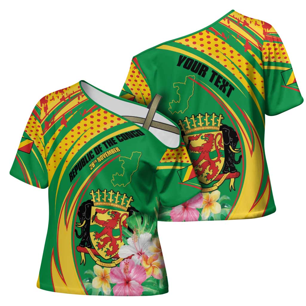 Personalized Congo Republic Day Cross Shoulder Shirt Coat Of Arms With Tropical Flower - Wonder Print Shop