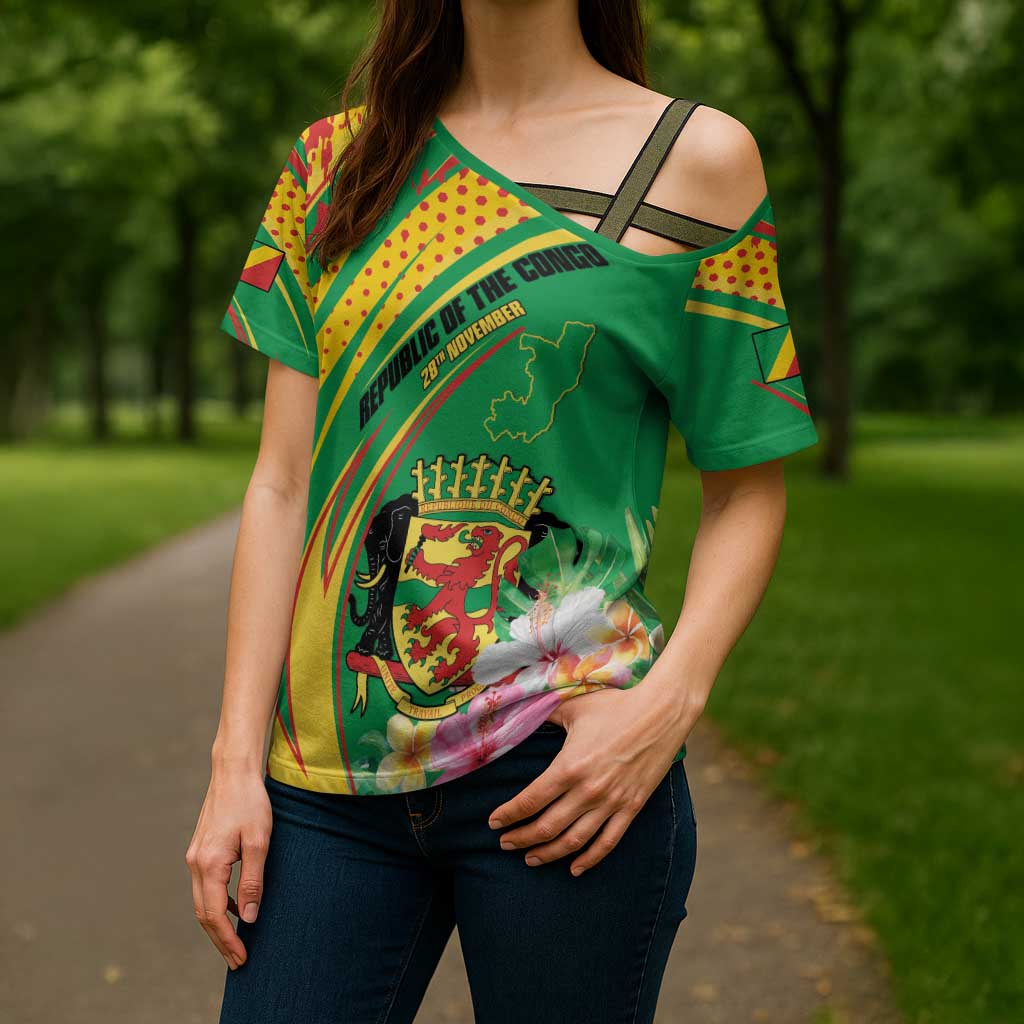 Personalized Congo Republic Day Cross Shoulder Shirt Coat Of Arms With Tropical Flower - Wonder Print Shop