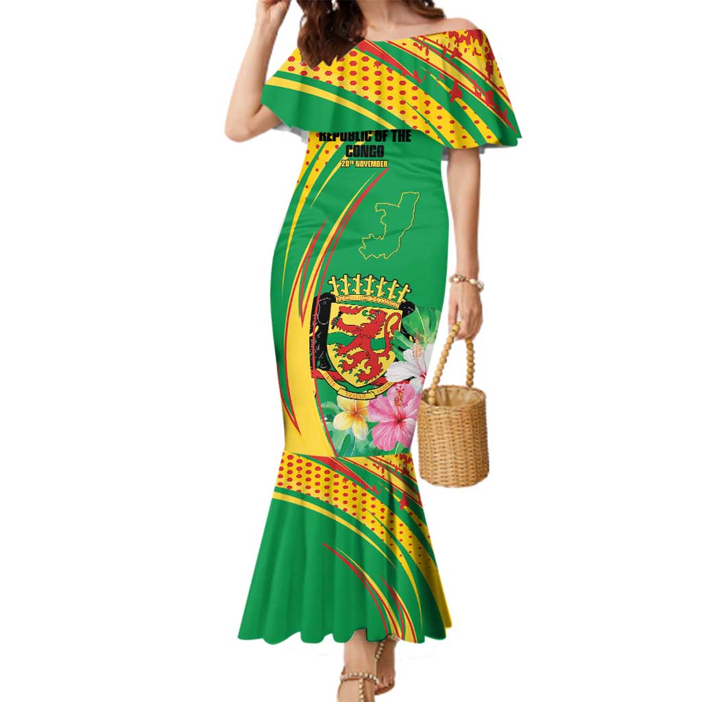 Personalized Congo Republic Day Family Matching Mermaid Dress and Hawaiian Shirt Coat Of Arms With Tropical Flower - Wonder Print Shop