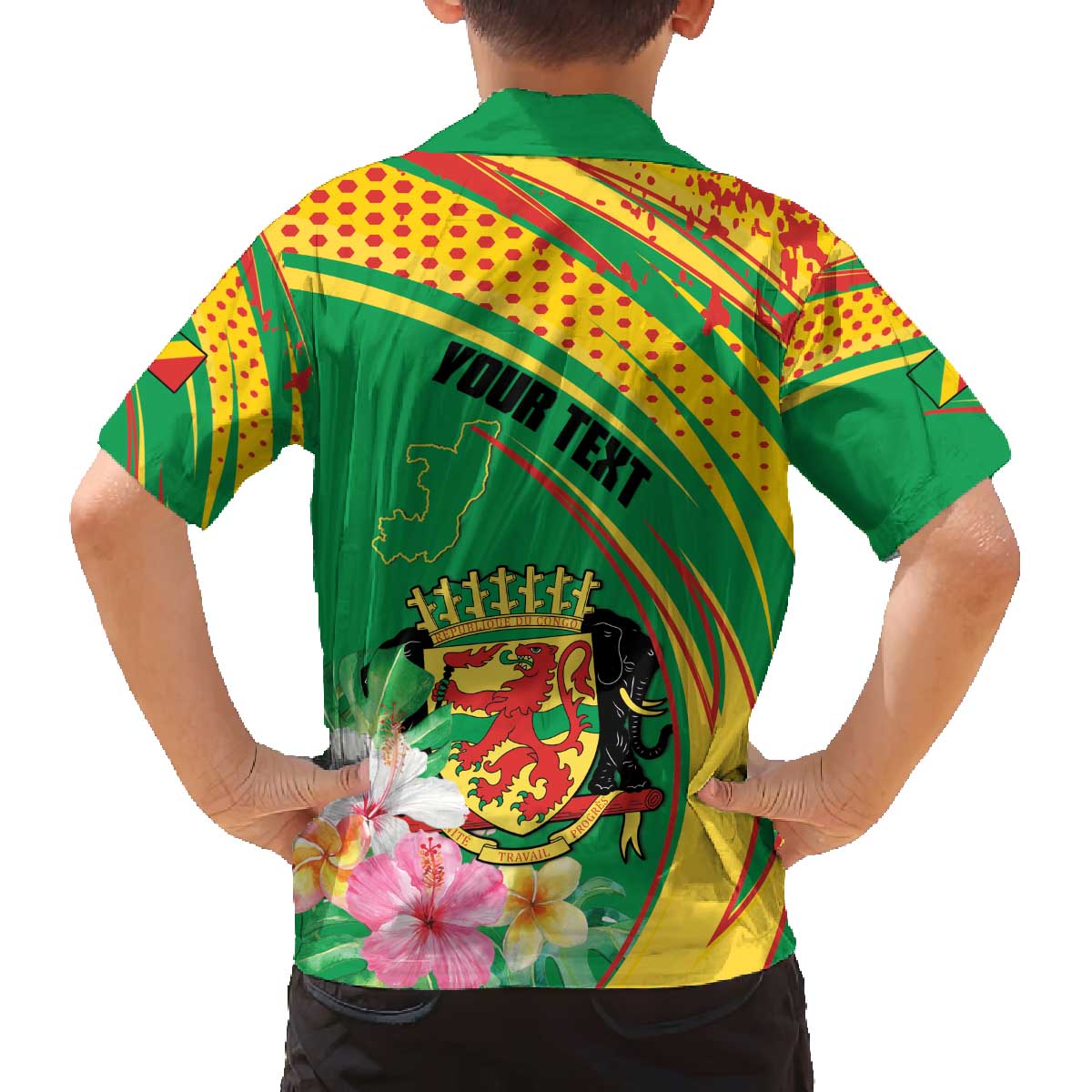 Personalized Congo Republic Day Family Matching Off The Shoulder Long Sleeve Dress and Hawaiian Shirt Coat Of Arms With Tropical Flower - Wonder Print Shop