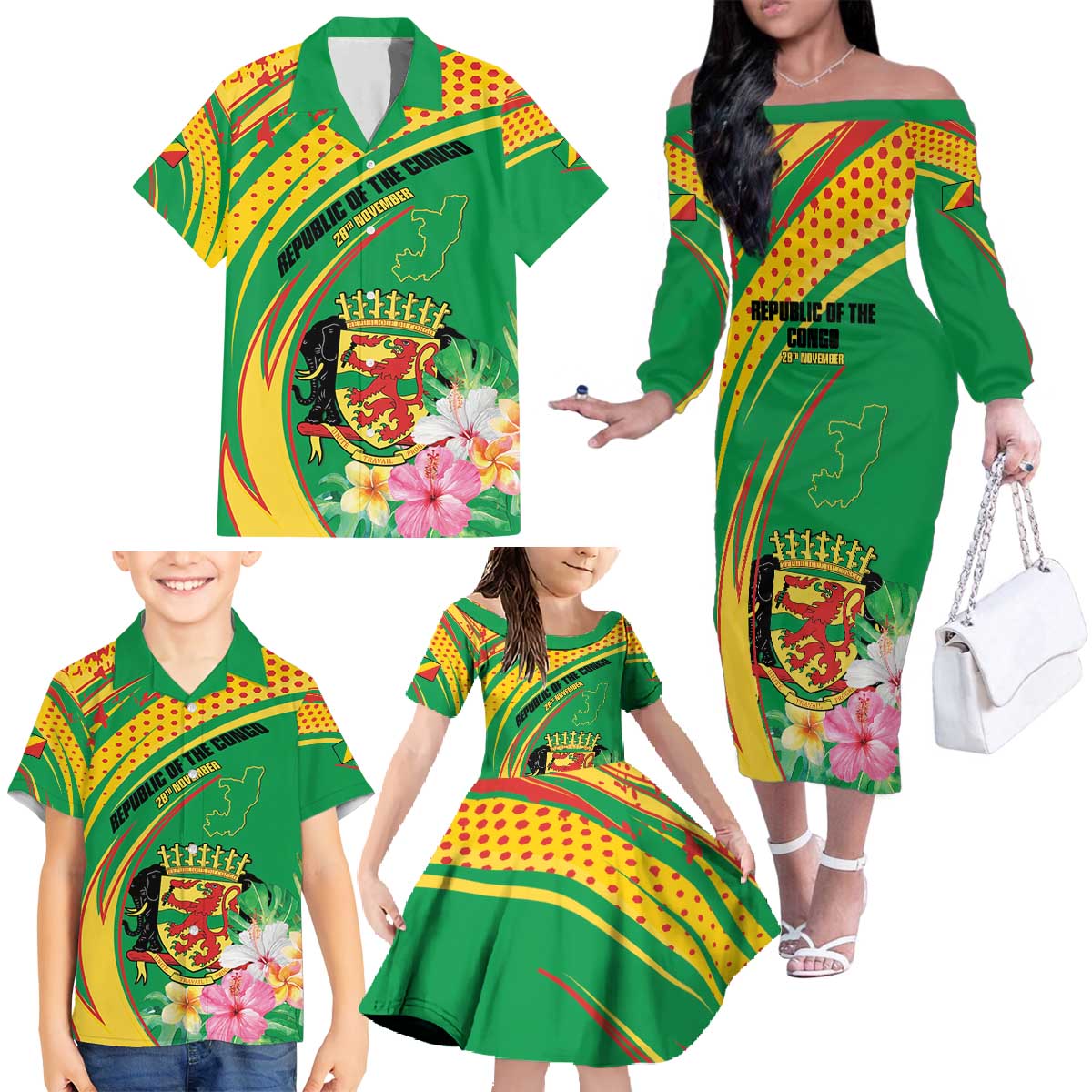 Personalized Congo Republic Day Family Matching Off The Shoulder Long Sleeve Dress and Hawaiian Shirt Coat Of Arms With Tropical Flower - Wonder Print Shop