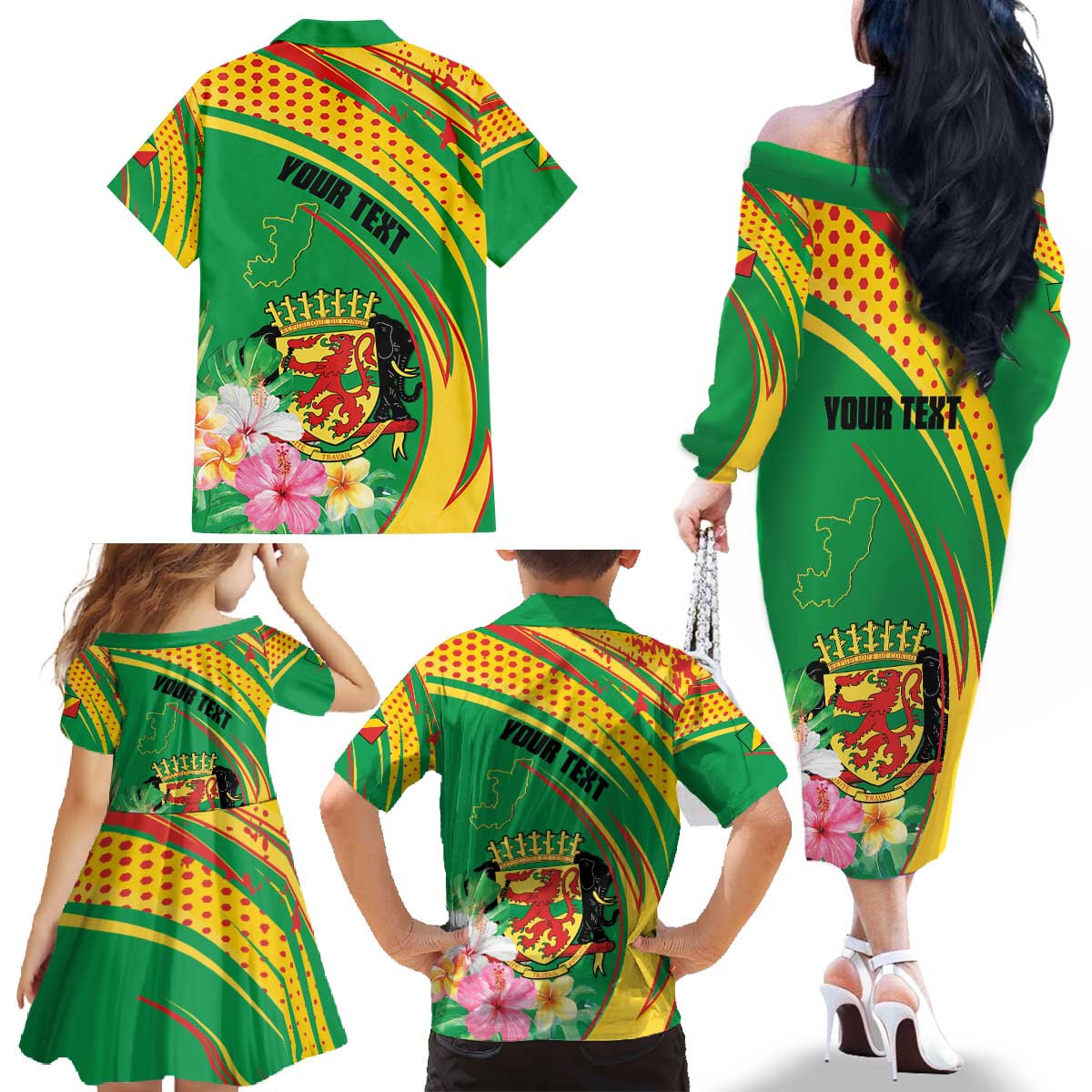 Personalized Congo Republic Day Family Matching Off The Shoulder Long Sleeve Dress and Hawaiian Shirt Coat Of Arms With Tropical Flower - Wonder Print Shop