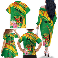 Personalized Congo Republic Day Family Matching Off The Shoulder Long Sleeve Dress and Hawaiian Shirt Coat Of Arms With Tropical Flower - Wonder Print Shop