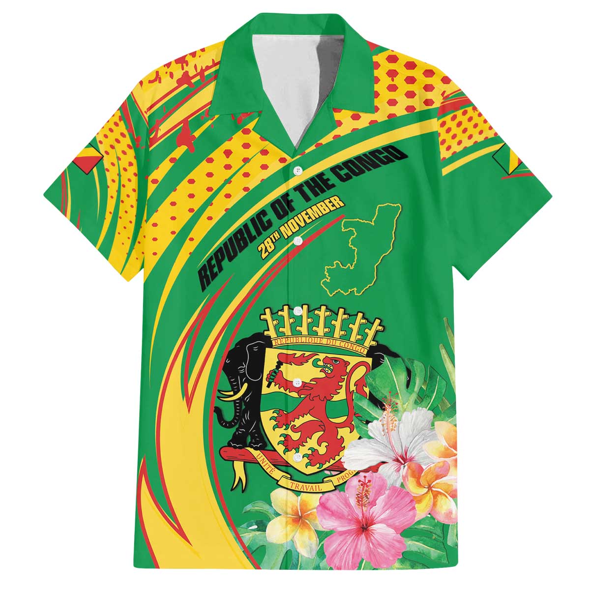 Personalized Congo Republic Day Family Matching Off The Shoulder Long Sleeve Dress and Hawaiian Shirt Coat Of Arms With Tropical Flower - Wonder Print Shop
