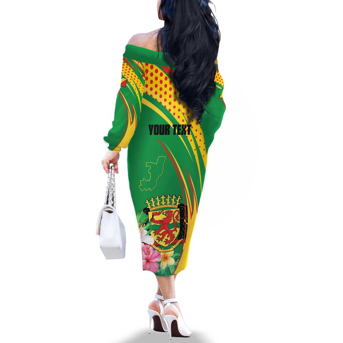 Personalized Congo Republic Day Family Matching Off The Shoulder Long Sleeve Dress and Hawaiian Shirt Coat Of Arms With Tropical Flower - Wonder Print Shop