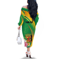 Personalized Congo Republic Day Family Matching Off The Shoulder Long Sleeve Dress and Hawaiian Shirt Coat Of Arms With Tropical Flower - Wonder Print Shop