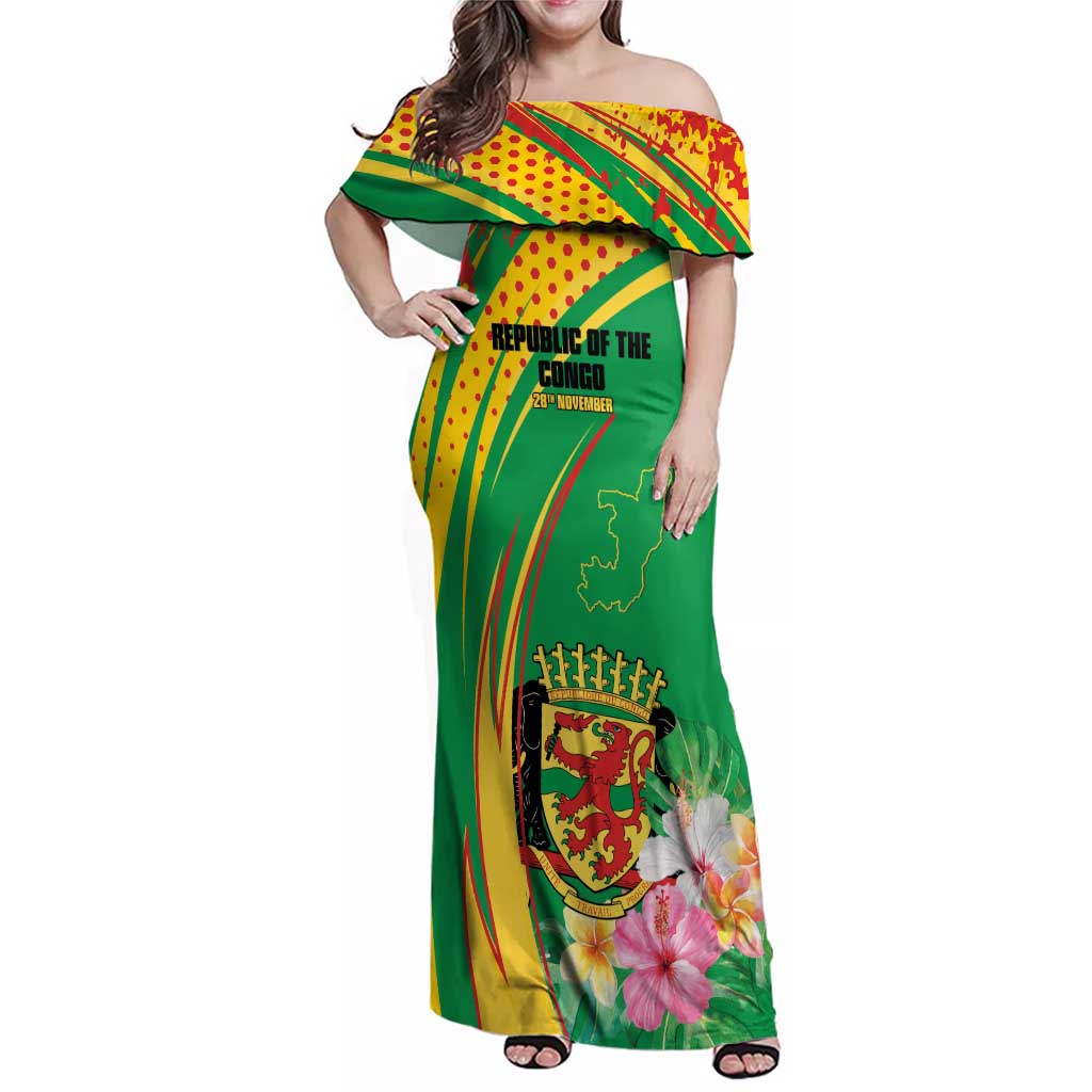 Personalized Congo Republic Day Family Matching Off Shoulder Maxi Dress and Hawaiian Shirt Coat Of Arms With Tropical Flower - Wonder Print Shop