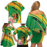 Personalized Congo Republic Day Family Matching Off Shoulder Short Dress and Hawaiian Shirt Coat Of Arms With Tropical Flower - Wonder Print Shop