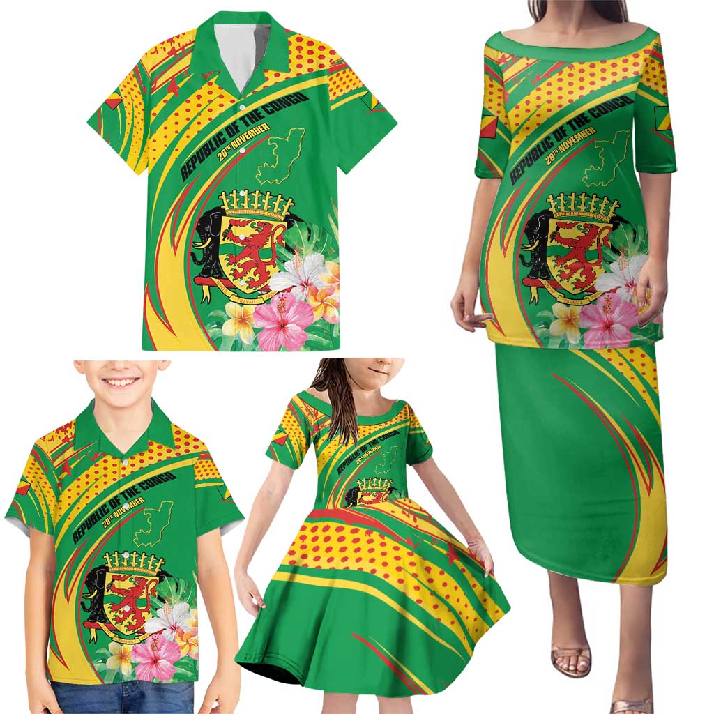 Personalized Congo Republic Day Family Matching Puletasi and Hawaiian Shirt Coat Of Arms With Tropical Flower - Wonder Print Shop