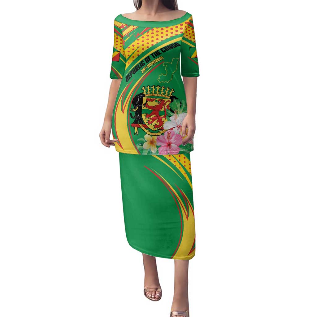 Personalized Congo Republic Day Family Matching Puletasi and Hawaiian Shirt Coat Of Arms With Tropical Flower - Wonder Print Shop