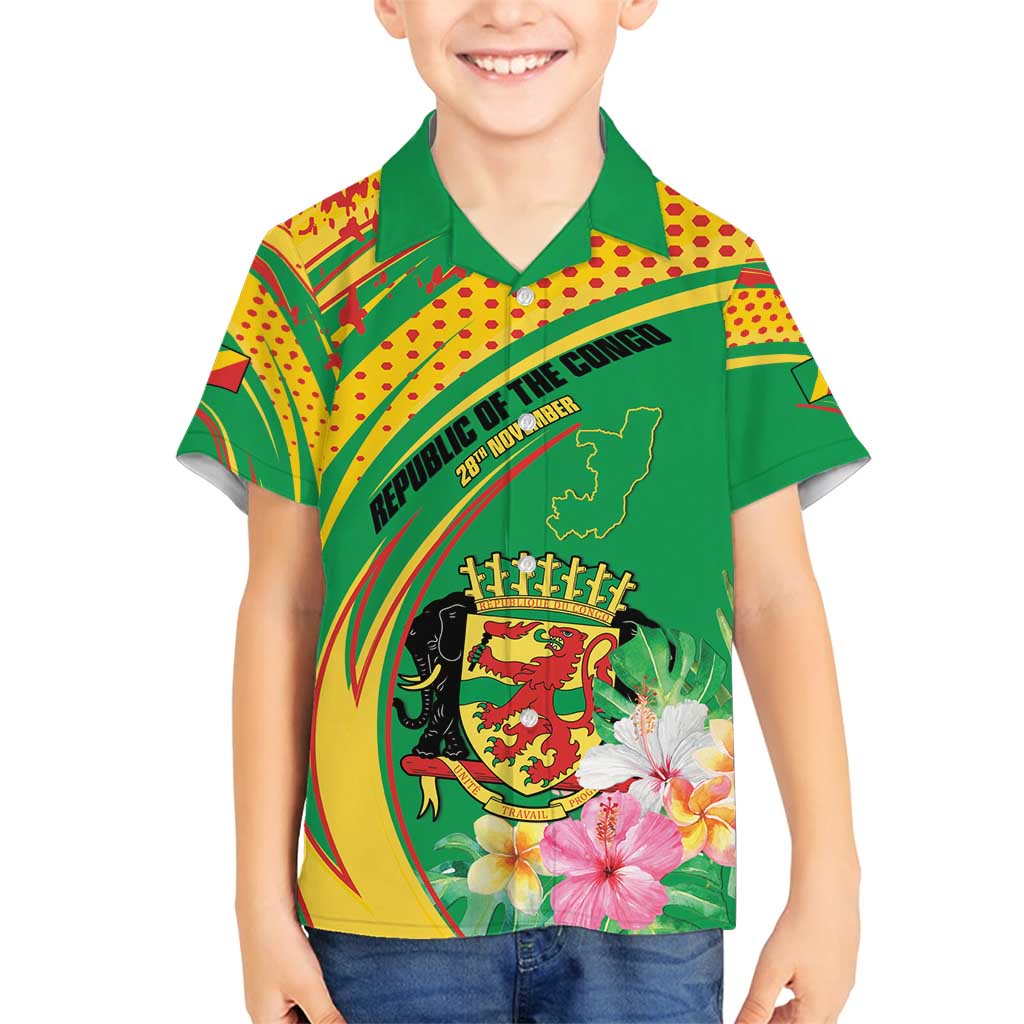 Personalized Congo Republic Day Family Matching Puletasi and Hawaiian Shirt Coat Of Arms With Tropical Flower - Wonder Print Shop