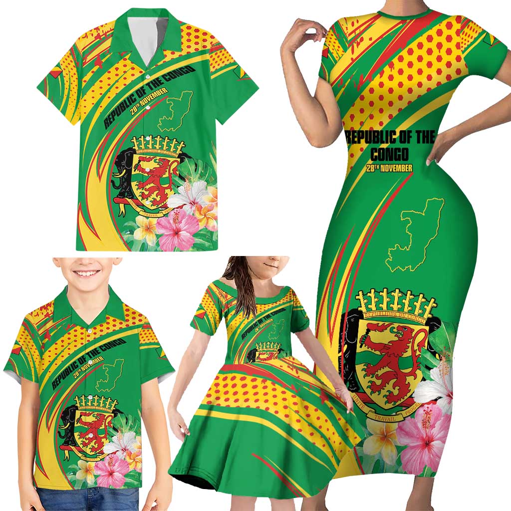 Personalized Congo Republic Day Family Matching Short Sleeve Bodycon Dress and Hawaiian Shirt Coat Of Arms With Tropical Flower - Wonder Print Shop