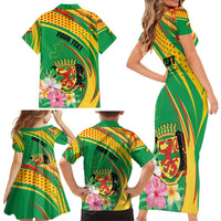 Personalized Congo Republic Day Family Matching Short Sleeve Bodycon Dress and Hawaiian Shirt Coat Of Arms With Tropical Flower - Wonder Print Shop