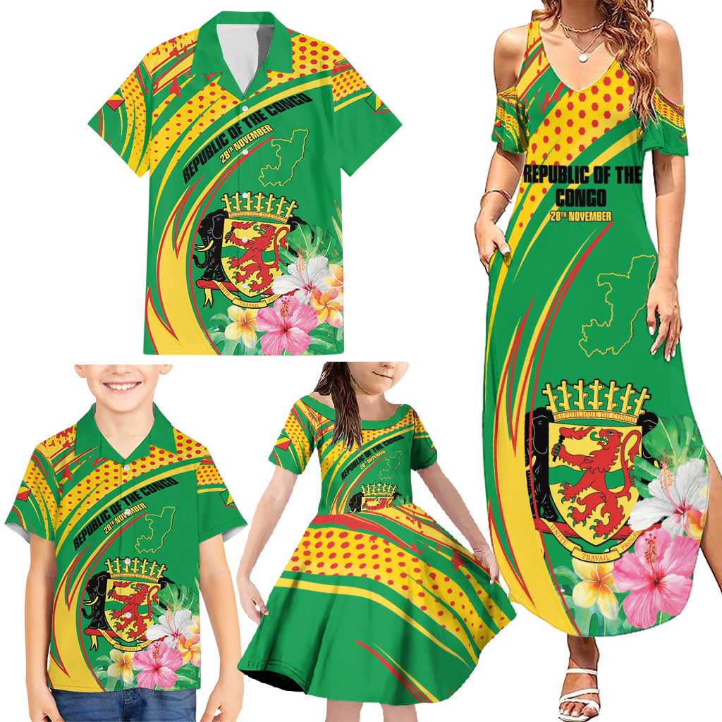 Personalized Congo Republic Day Family Matching Summer Maxi Dress and Hawaiian Shirt Coat Of Arms With Tropical Flower - Wonder Print Shop