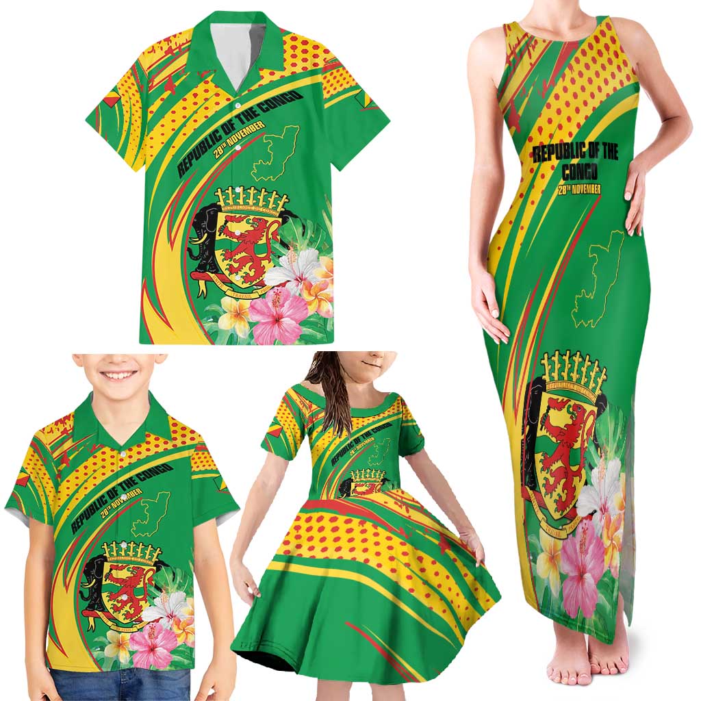 Personalized Congo Republic Day Family Matching Tank Maxi Dress and Hawaiian Shirt Coat Of Arms With Tropical Flower - Wonder Print Shop