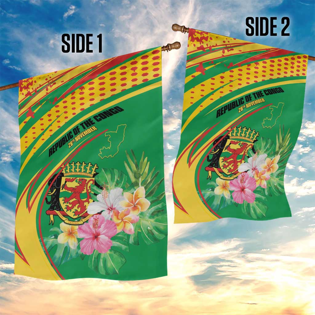 Congo Republic Day Garden Flag Coat Of Arms With Tropical Flower - Wonder Print Shop