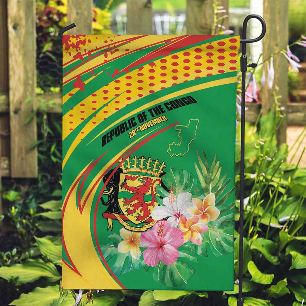 Congo Republic Day Garden Flag Coat Of Arms With Tropical Flower - Wonder Print Shop