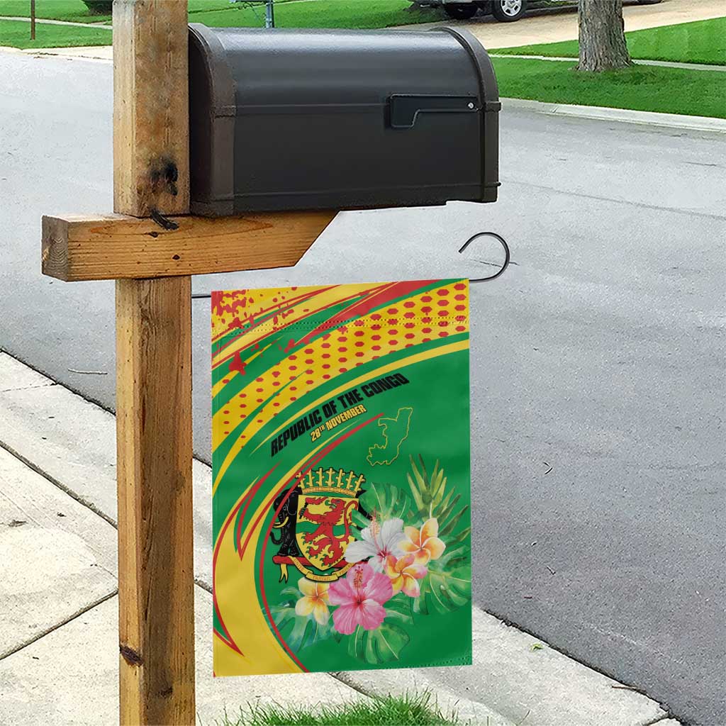 Congo Republic Day Garden Flag Coat Of Arms With Tropical Flower - Wonder Print Shop