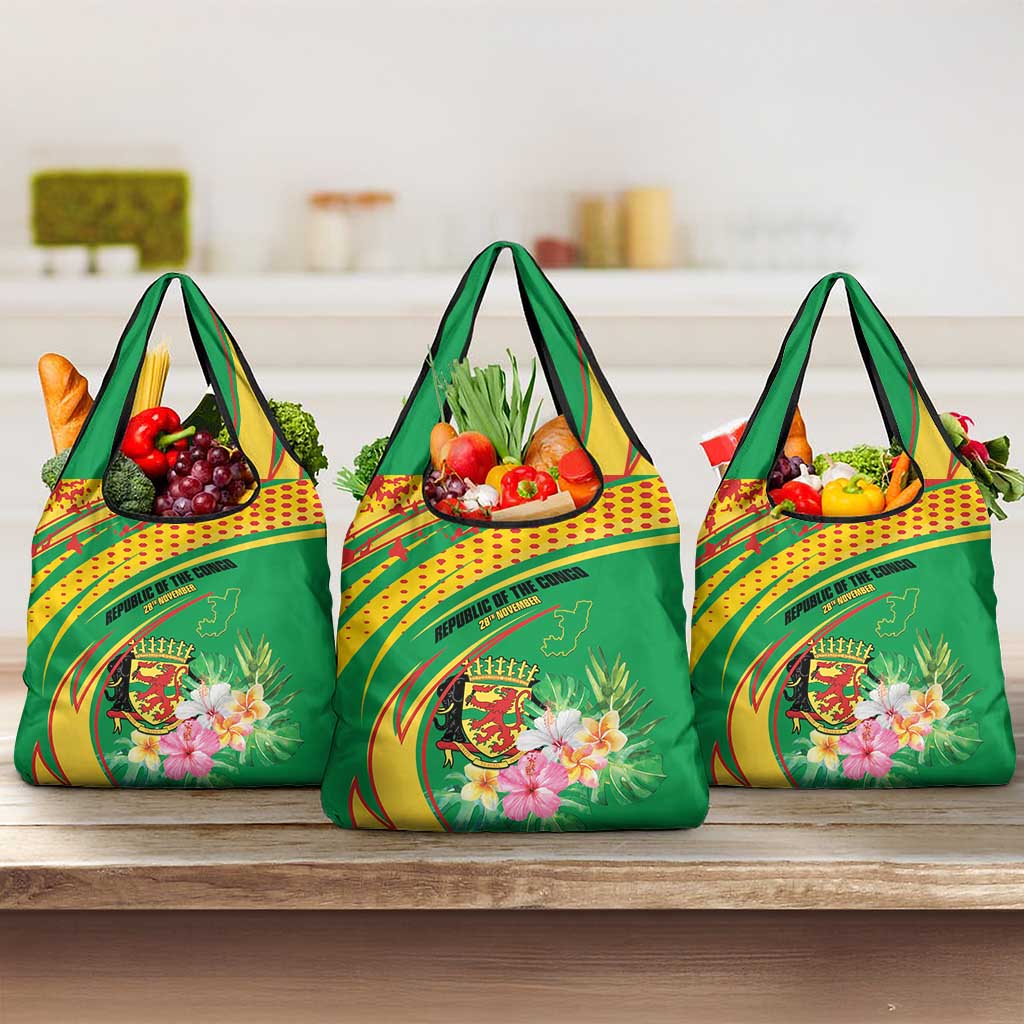 Congo Republic Day Grocery Bag Coat Of Arms With Tropical Flower - Wonder Print Shop