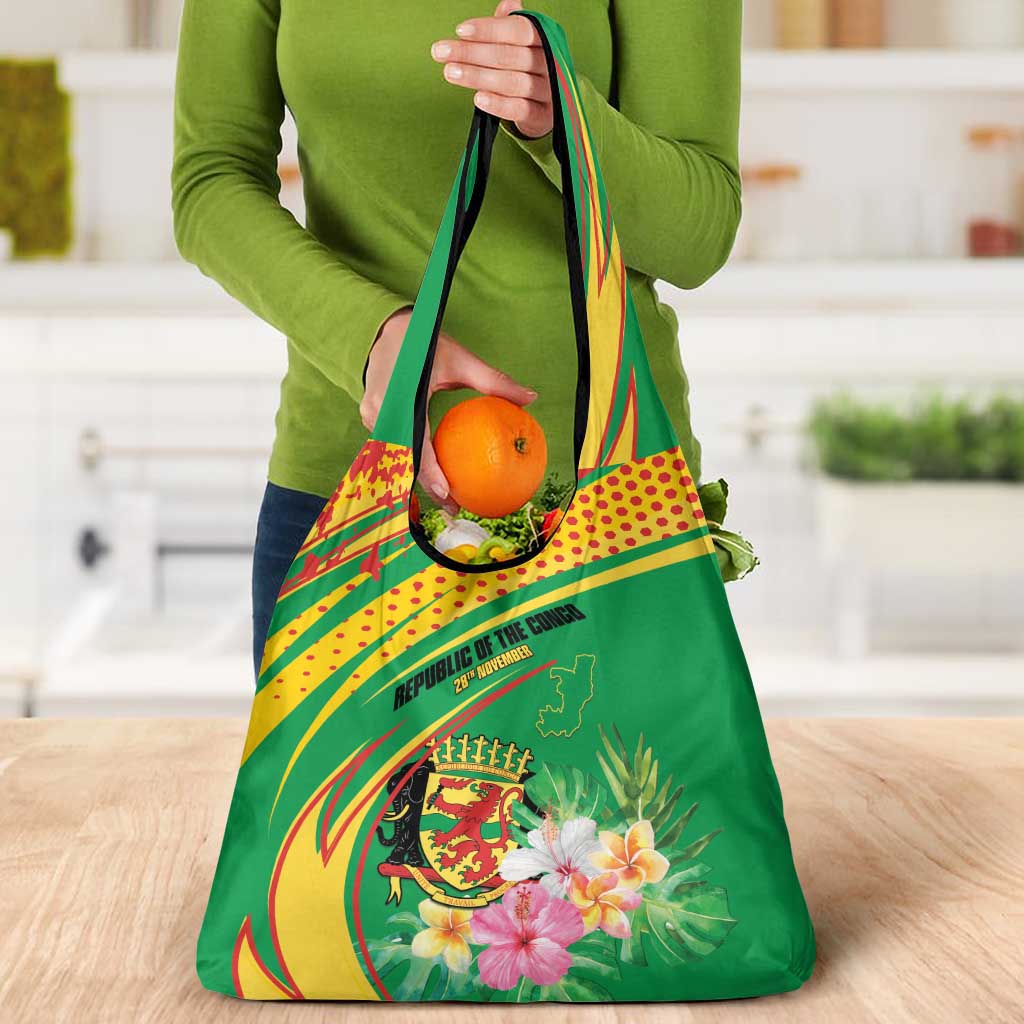 Congo Republic Day Grocery Bag Coat Of Arms With Tropical Flower - Wonder Print Shop