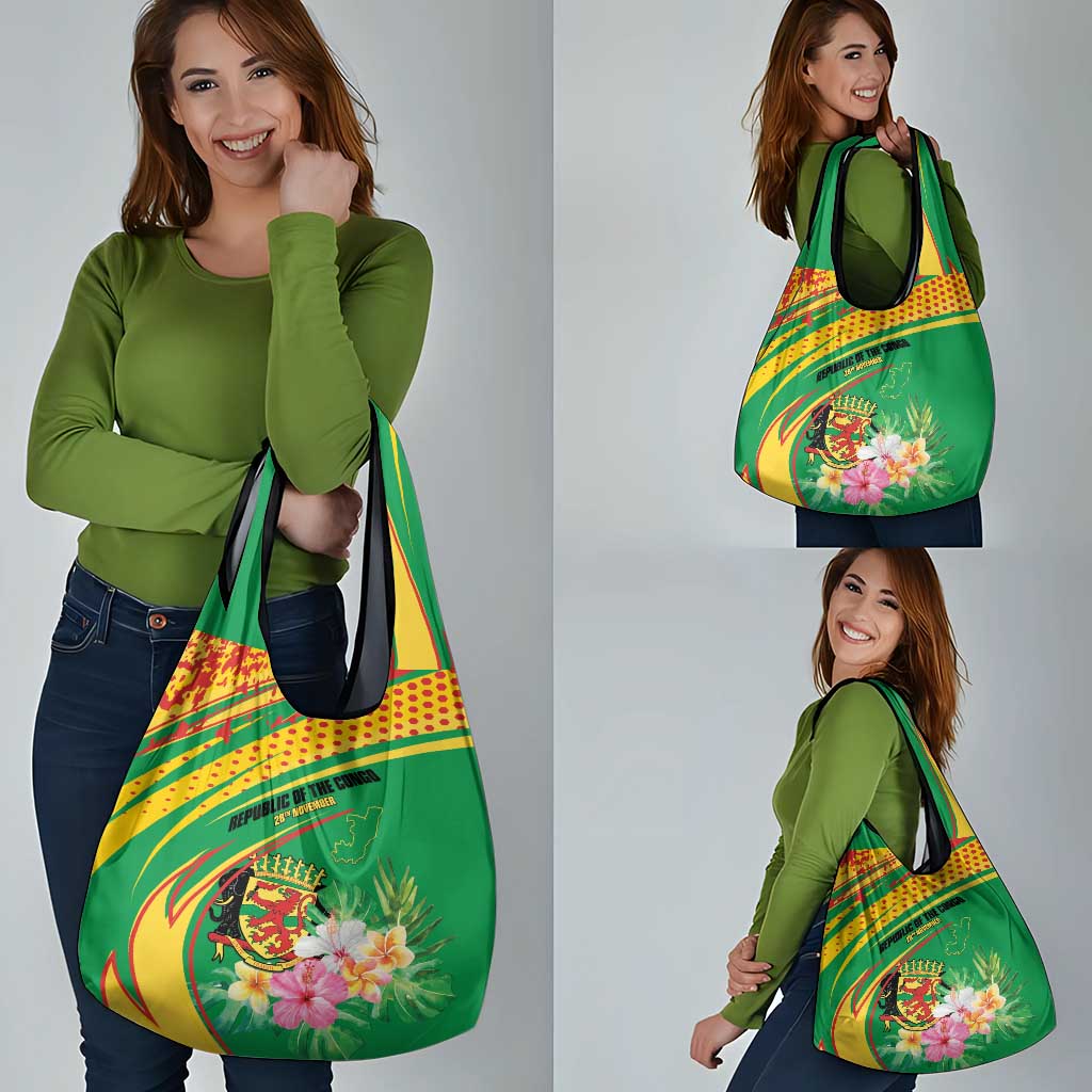 Congo Republic Day Grocery Bag Coat Of Arms With Tropical Flower - Wonder Print Shop