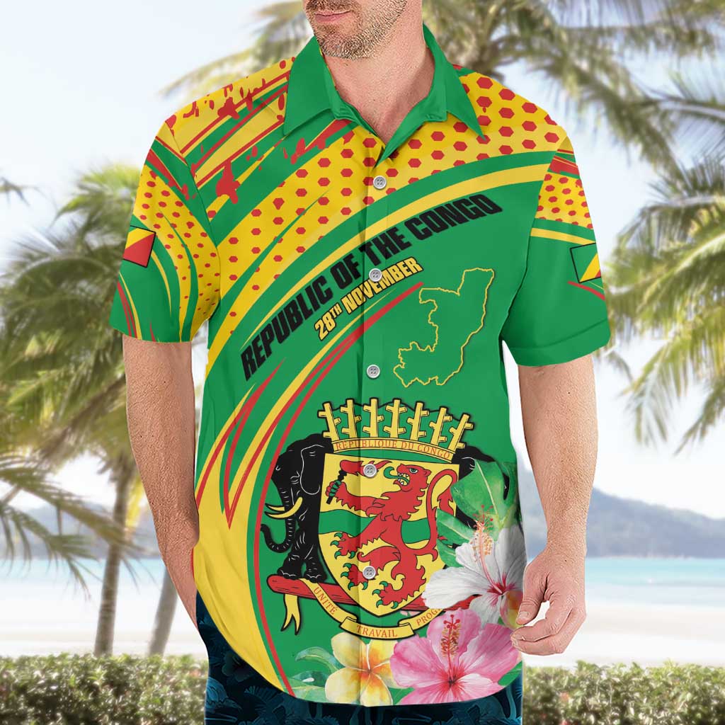 Personalized Congo Republic Day Hawaiian Shirt Coat Of Arms With Tropical Flower - Wonder Print Shop