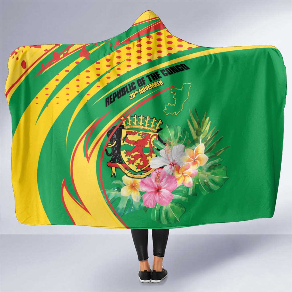 Congo Republic Day Hooded Blanket Coat Of Arms With Tropical Flower - Wonder Print Shop