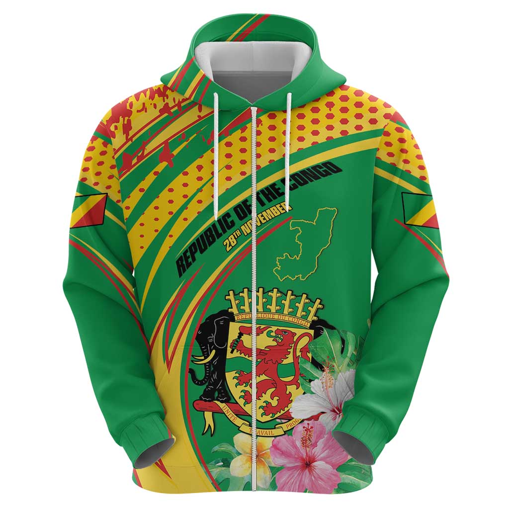 Personalized Congo Republic Day Hoodie Coat Of Arms With Tropical Flower - Wonder Print Shop