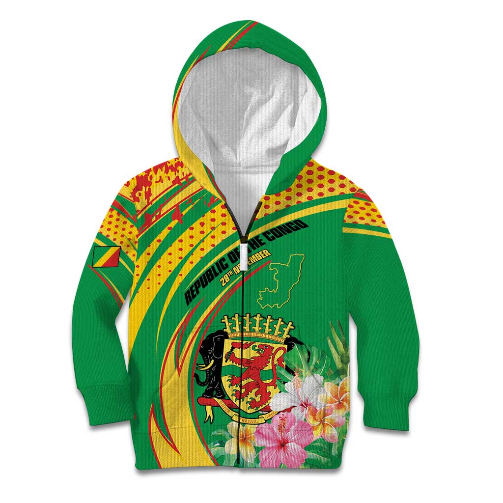 Personalized Congo Republic Day Kid Hoodie Coat Of Arms With Tropical Flower - Wonder Print Shop