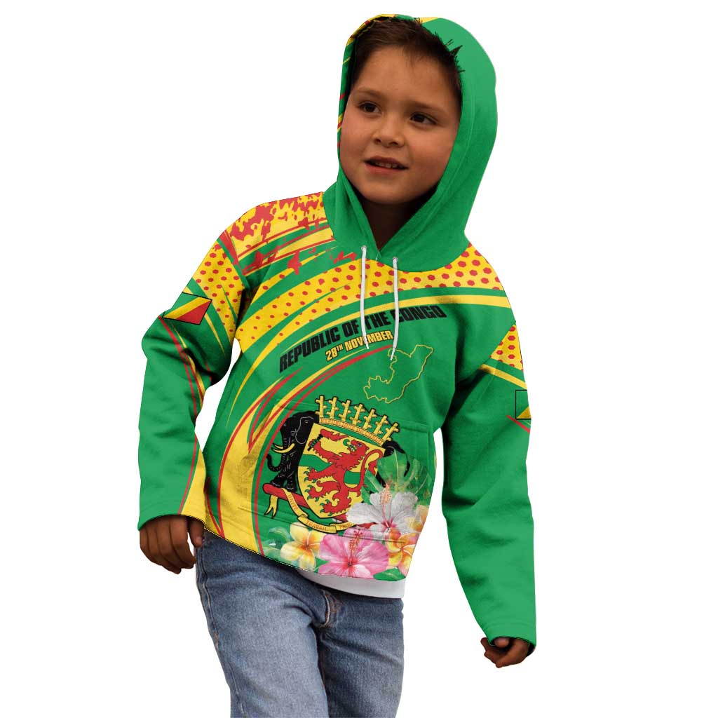 Personalized Congo Republic Day Kid Hoodie Coat Of Arms With Tropical Flower - Wonder Print Shop