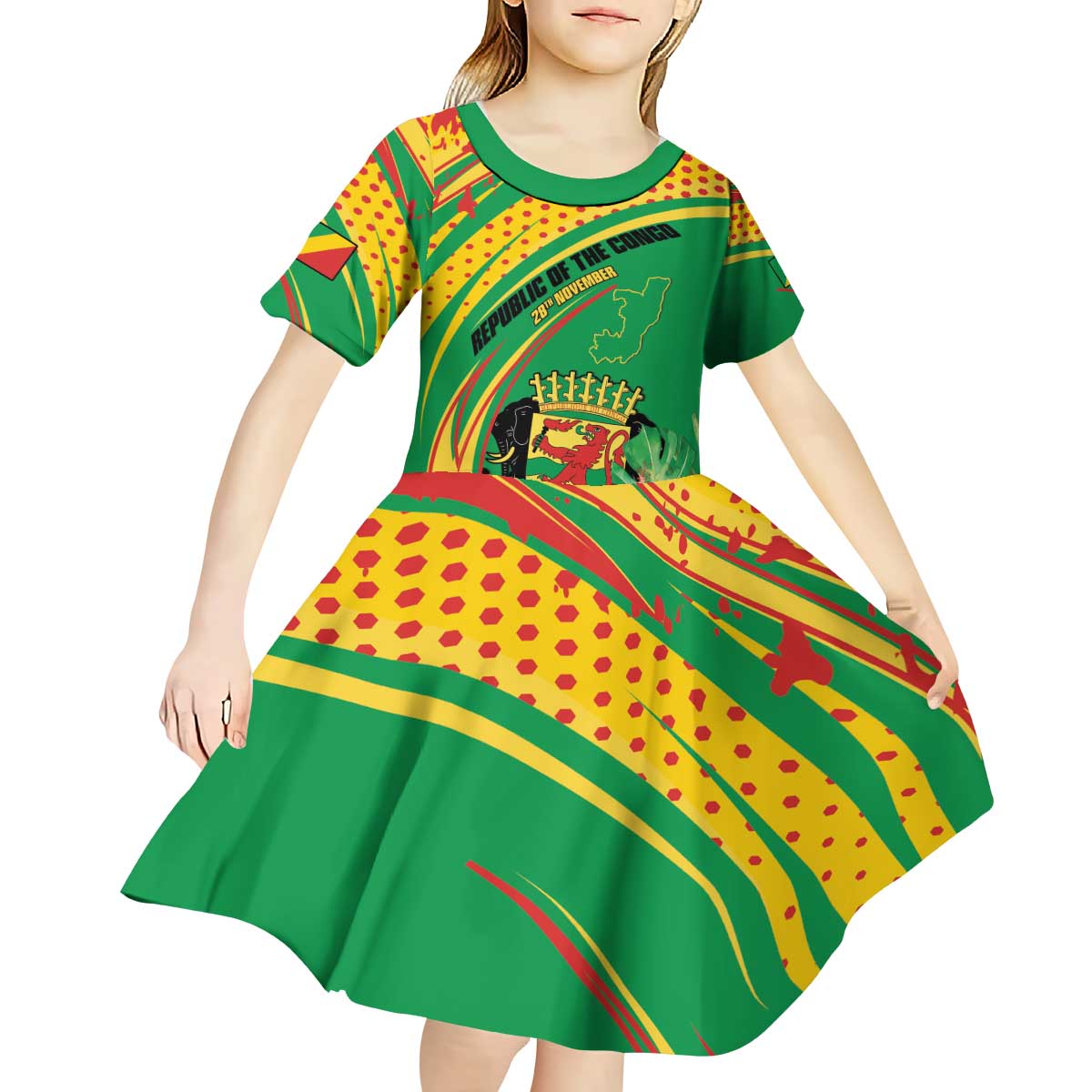 Personalized Congo Republic Day Kid Short Sleeve Dress Coat Of Arms With Tropical Flower - Wonder Print Shop