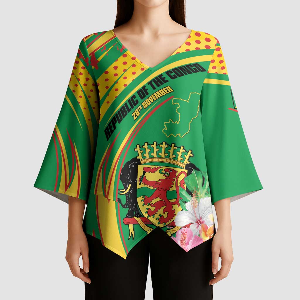 Personalized Congo Republic Day Kimono Sleeve Blouse Coat Of Arms With Tropical Flower - Wonder Print Shop