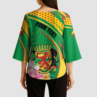 Personalized Congo Republic Day Kimono Sleeve Blouse Coat Of Arms With Tropical Flower - Wonder Print Shop