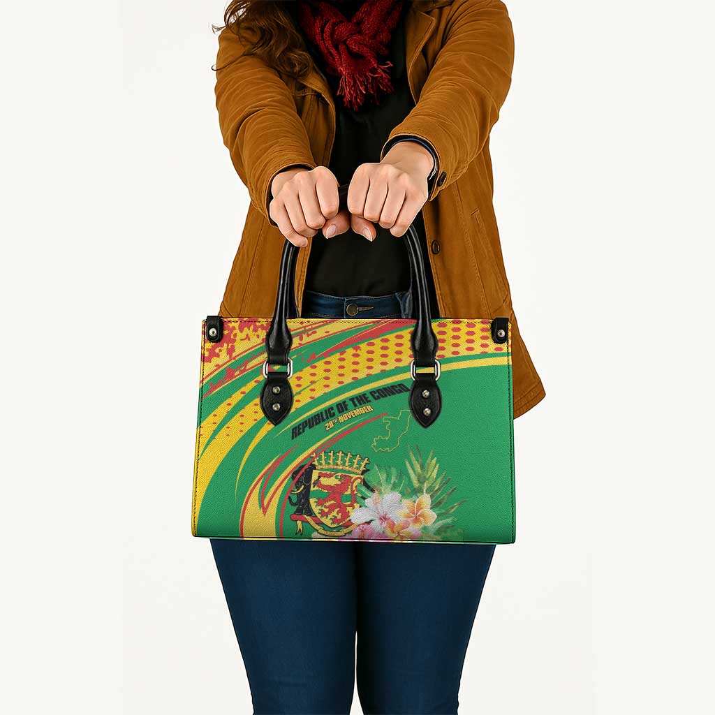 Congo Republic Day Leather Bag Coat Of Arms With Tropical Flower - Wonder Print Shop
